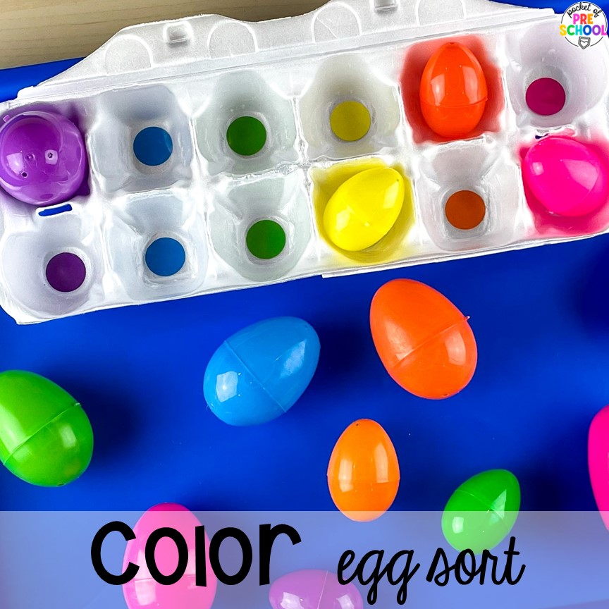 Egg color match in an egg carton for an Easter or bird theme! Plus more Plastic Egg Activities for preschool, pre-k, or kindergarten can be used year-round with tons of themes!