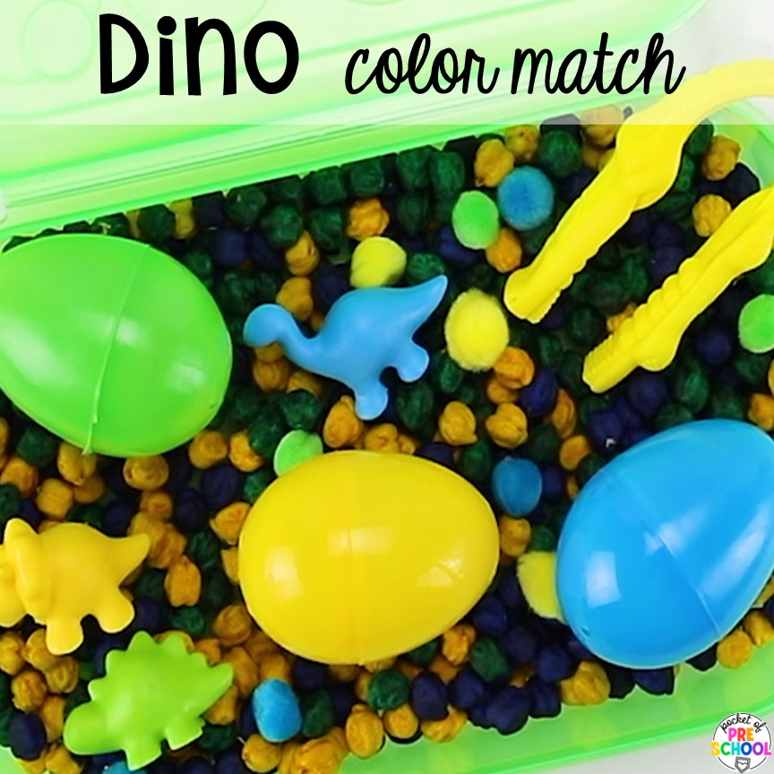 Match dinosaur counters with plastic eggs in a sensory bin. Plus more Plastic Egg Activities for preschool, pre-k, or kindergarten can be used year-round with tons of themes!