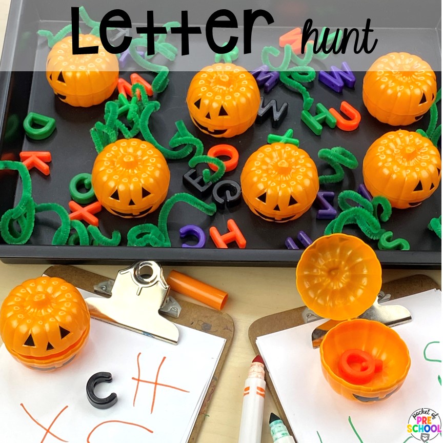 Hide letters in pumpkin eggs for a fun letter hunt and write letters on small clipboards. Plus more Plastic Egg Activities for preschool, pre-k, or kindergarten can be used year-round with tons of themes!