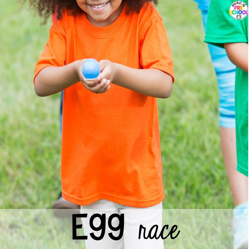 Gross motor egg race! Plus more Plastic Egg Activities for preschool, pre-k, or kindergarten can be used year-round with tons of themes!