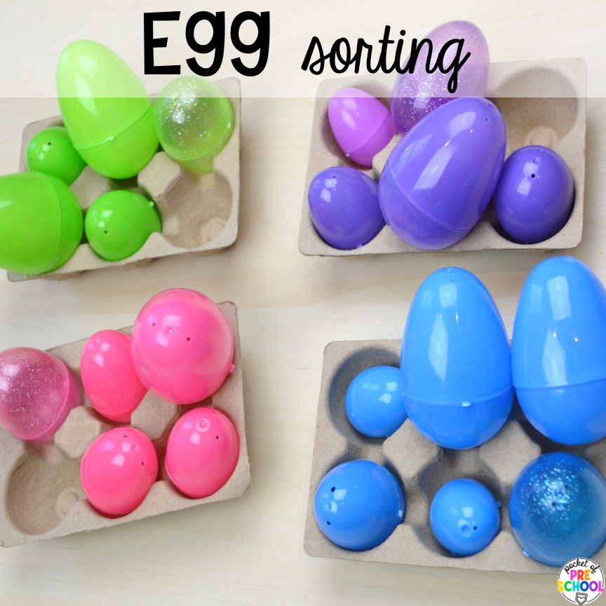 Color sorting activity with plastic eggs. Plus tons more Plastic Egg Activities for preschool, pre-k, or kindergarten can be used year-round with tons of themes!