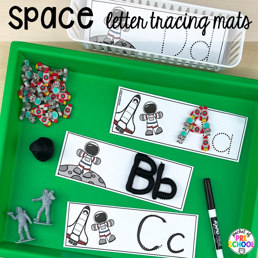 Space letter tracing mats! Get ready for the solar eclipse with these engaging ideas for your preschool, pre-k, and kindergarten classrooms.