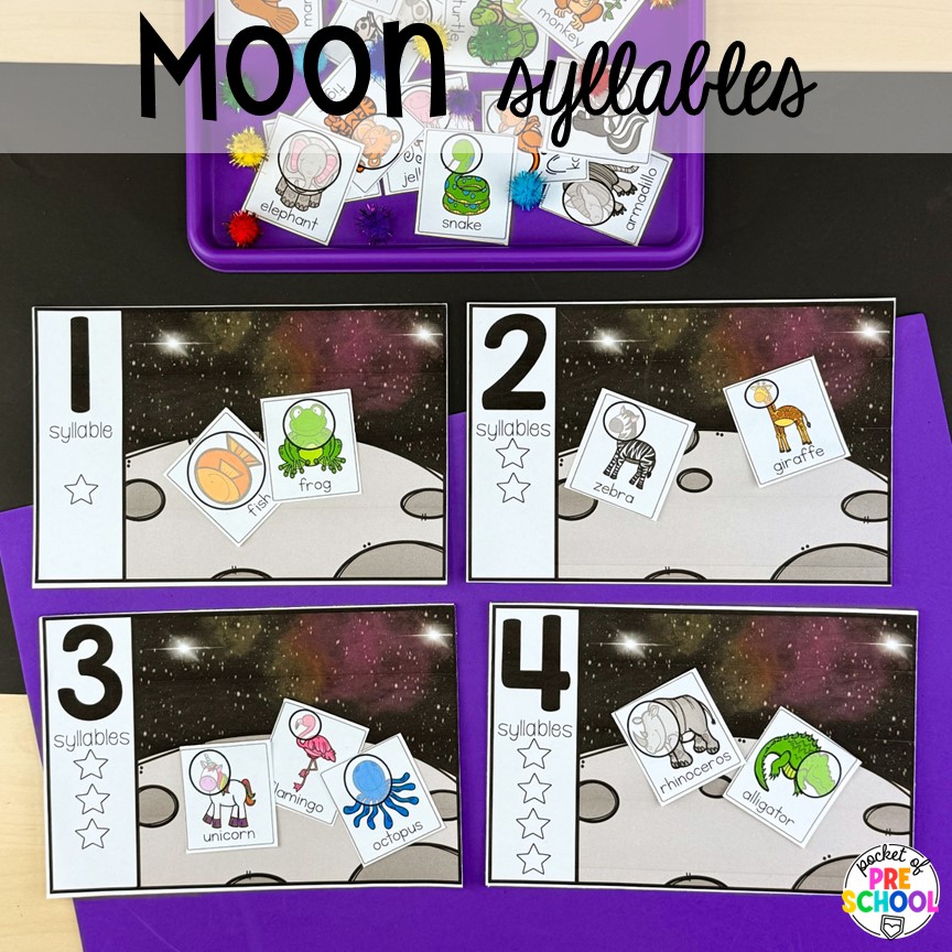 Moon syllables! Get ready for the solar eclipse with these engaging ideas for your preschool, pre-k, and kindergarten classrooms.