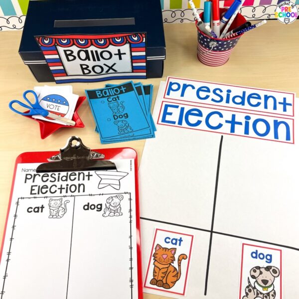 USA activities and centers for preschool, pre-k, and kindergarten students. These are perfect for President's Day, 4th of July, election time, or Veteran's Day.