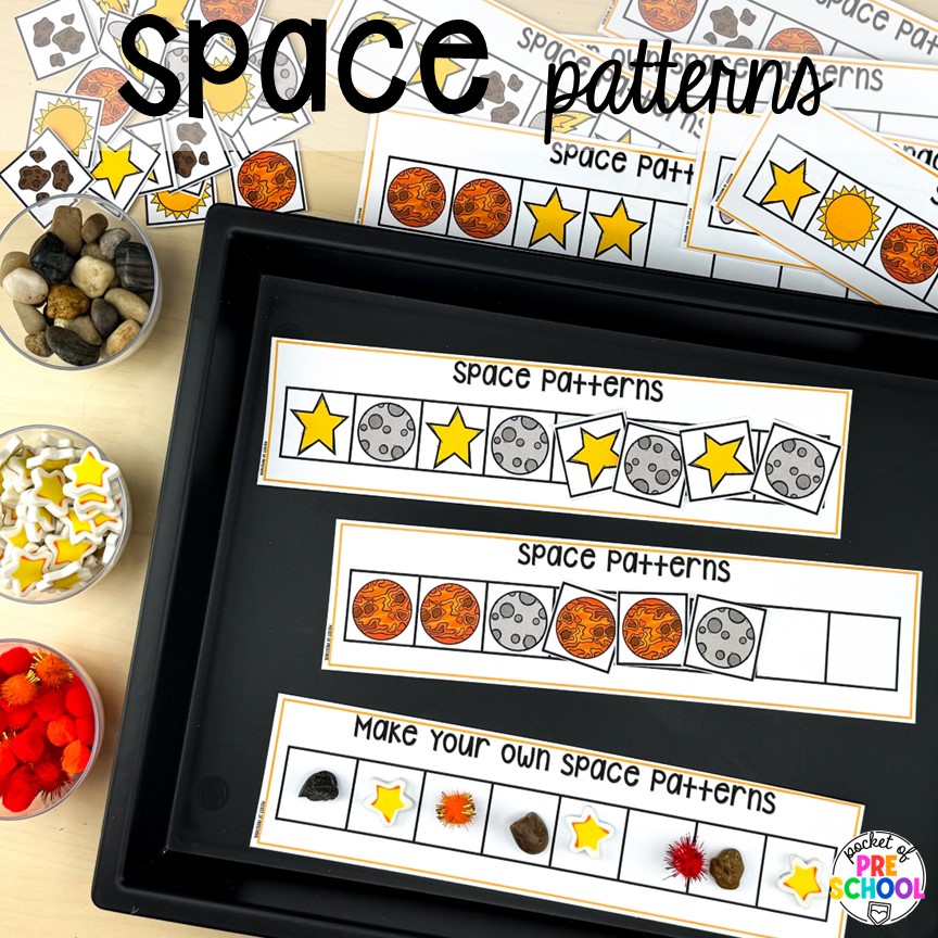 Space patterns! Get ready for the solar eclipse with these engaging ideas for your preschool, pre-k, and kindergarten classrooms.