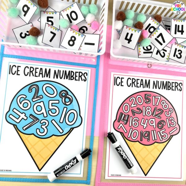 Ice cream centers for math, literacy, & fine motor designed preschool, pre-k, and kindergarten students.