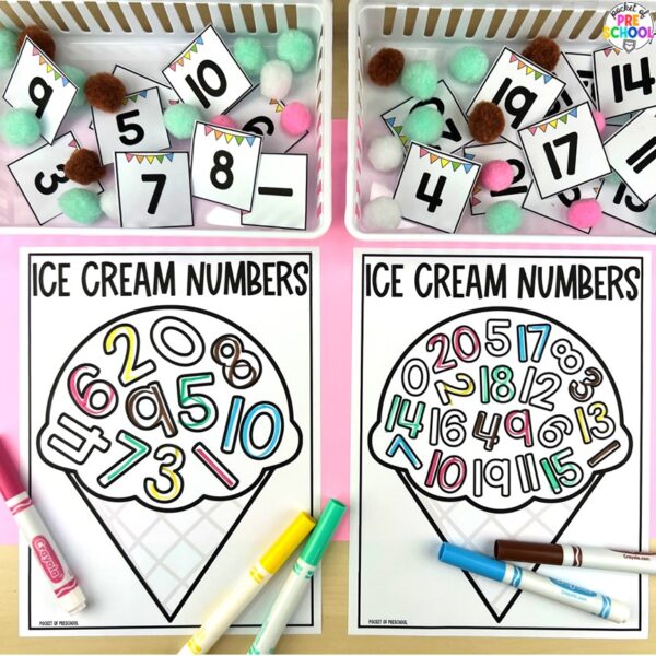 Ice cream centers for math, literacy, & fine motor designed preschool, pre-k, and kindergarten students.