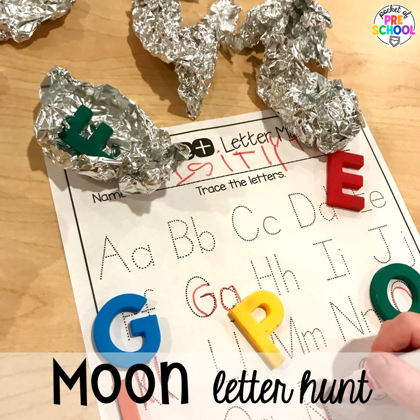 Moon letter hunt! Get ready for the solar eclipse with these engaging ideas for your preschool, pre-k, and kindergarten classrooms.