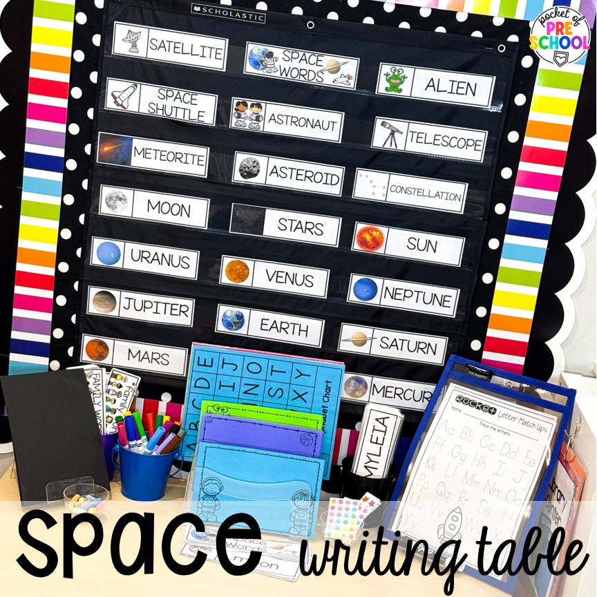 Space writing table! Get ready for the solar eclipse with these engaging ideas for your preschool, pre-k, and kindergarten classrooms.