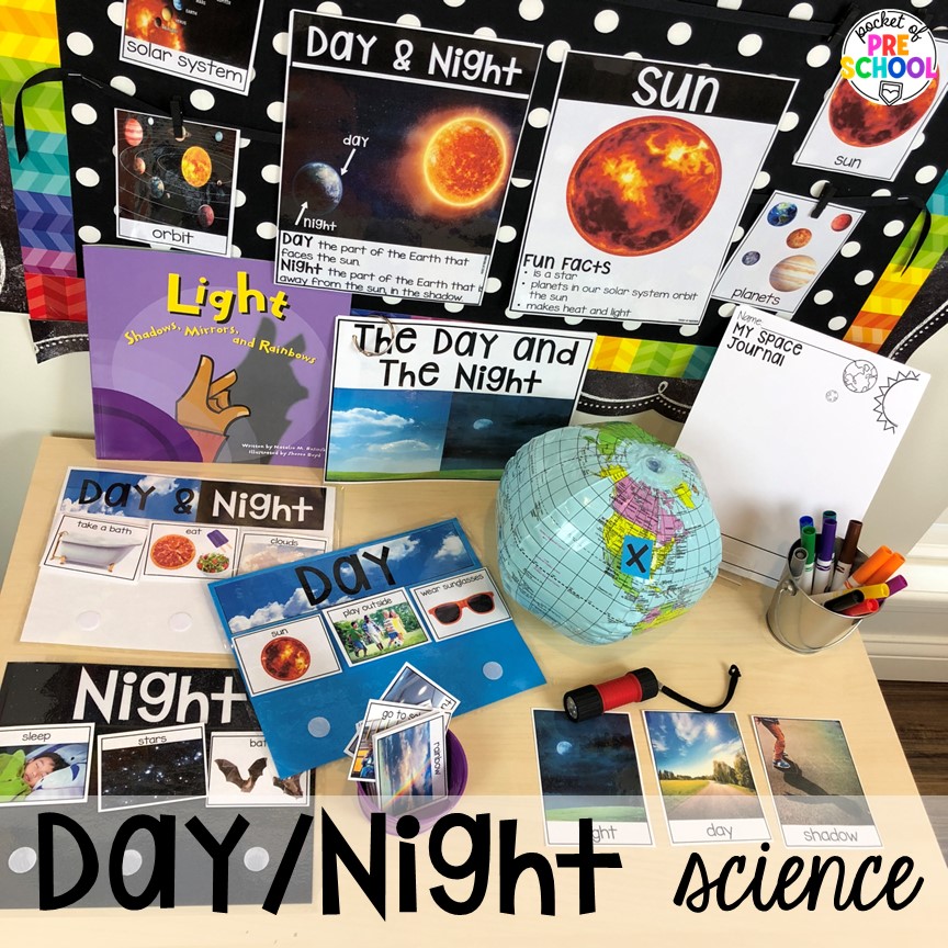 Day/Night science table! Get ready for the solar eclipse with these engaging ideas for your preschool, pre-k, and kindergarten classrooms.