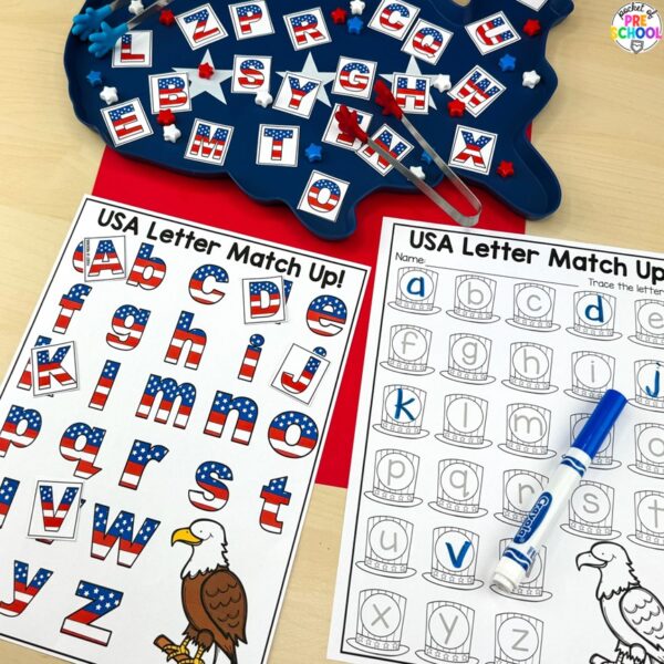 USA activities and centers for preschool, pre-k, and kindergarten students. These are perfect for President's Day, 4th of July, election time, or Veteran's Day.