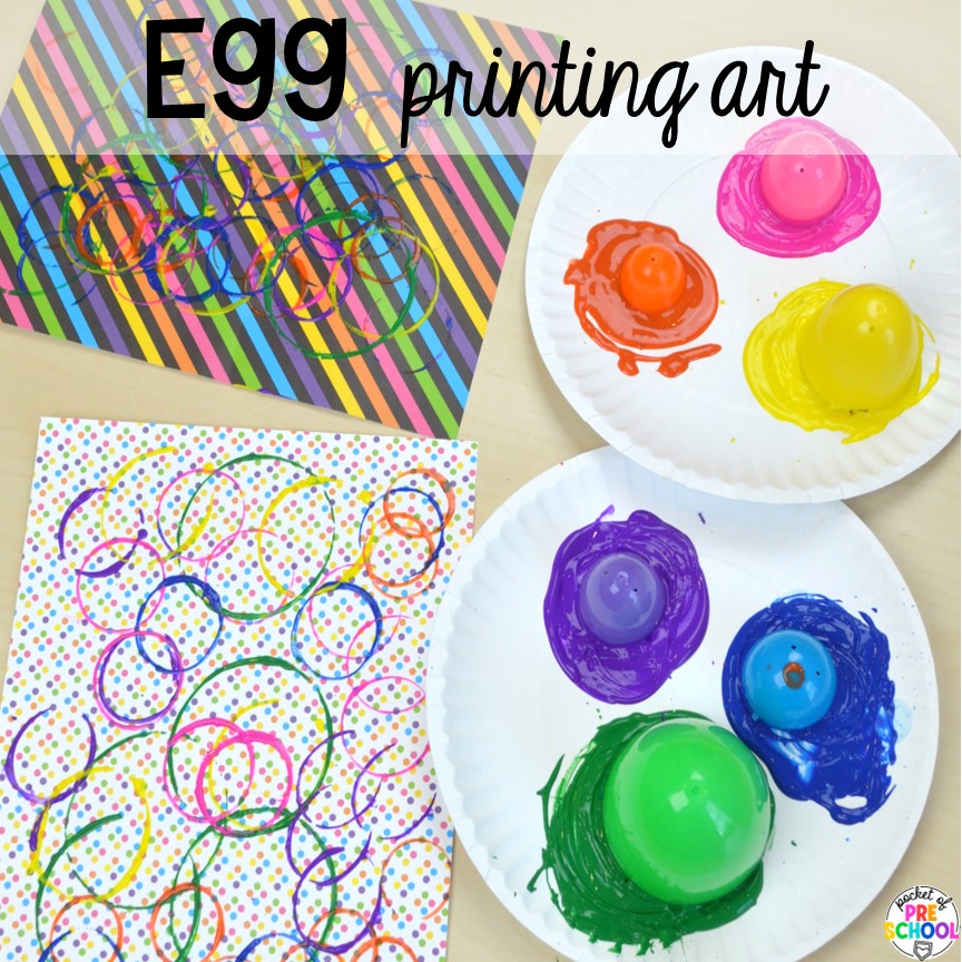 Printing with eggs for a fun open-ended art activity. Plastic Egg Activities, for the whole year, that are perfect for preschool, pre-k, or kindergarten students. 