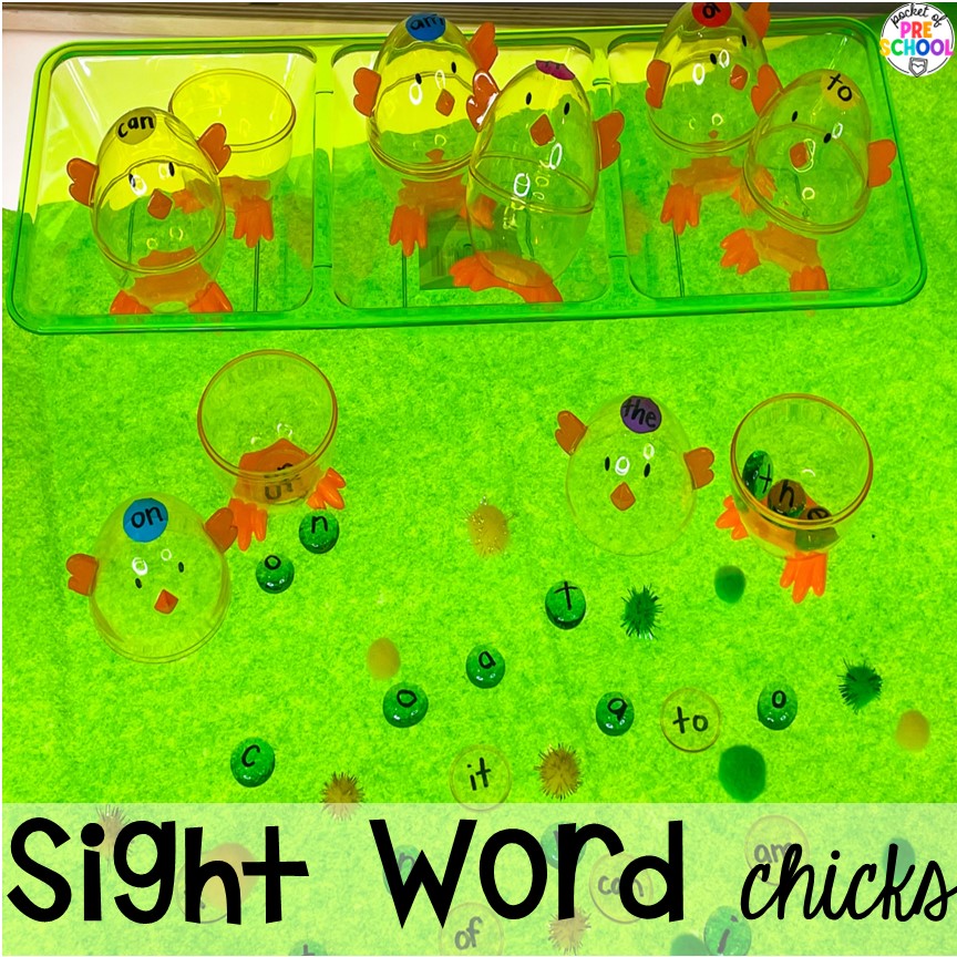 Ligh table chick sight word activity with chick eggs. Plus more Plastic Egg Activities, for the whole year, that are perfect for preschool, pre-k, or kindergarten students.