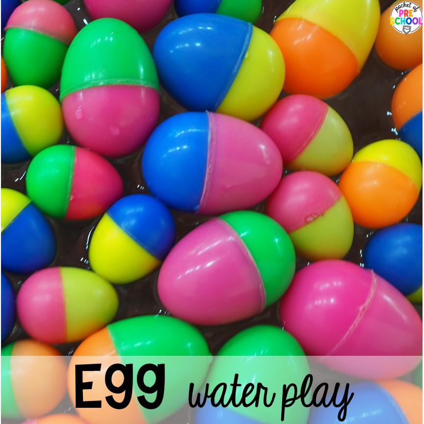 Add plastic eggs to the water sensory table for fun play based learning! Plus more Plastic Egg Activities for preschool, pre-k, or kindergarten can be used year-round with tons of themes!