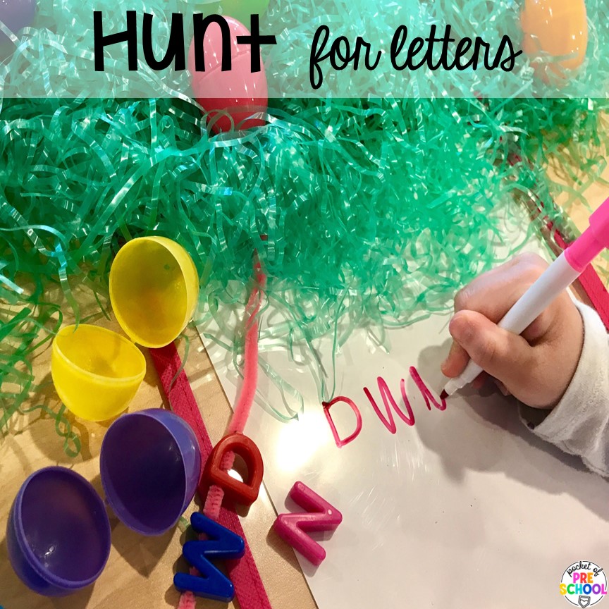 Hide letters in eggs for a letter funt! Plus more Plastic Egg Activities, for the whole year, that are perfect for preschool, pre-k, or kindergarten students. 