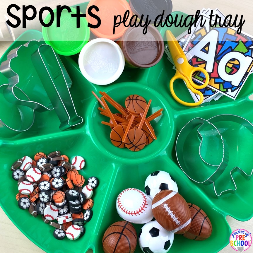 Add plastic eggs to a sports theme playdough tray. Plus more Plastic Egg Activities for preschool, pre-k, or kindergarten can be used year-round with tons of themes!