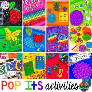 Pop It Activities for preschool, pre-k, and kindergarten students to practice literacy, math, fine motor, and more. 
