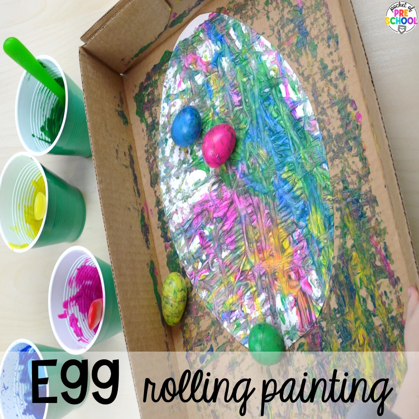 Painting with eggs in the art center. Plus more Plastic Egg Activities for preschool, pre-k, or kindergarten can be used year-round with tons of themes!