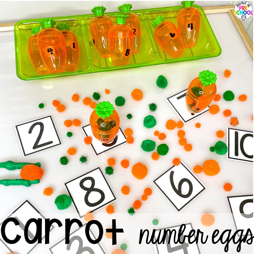 Light table carrot count number match activity! Plus tons of Plastic Egg Activities, for the whole year, that are perfect for preschool, pre-k, or kindergarten students. 