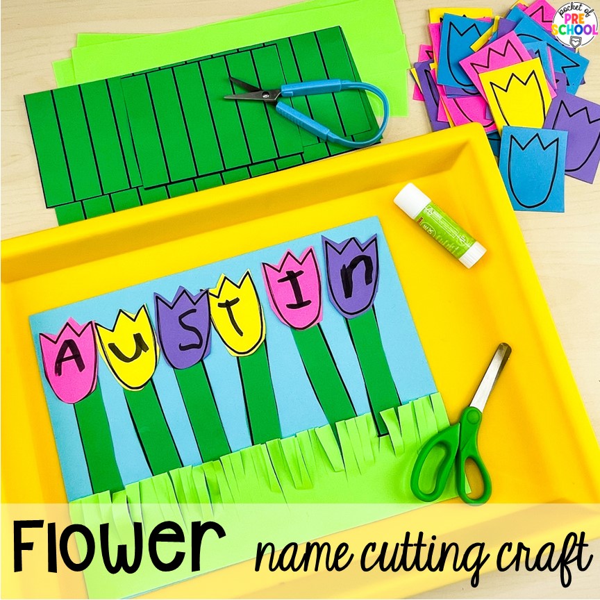 Flower name cutting craftivity! The perfect activities for a plant or spring theme for preschool, pre-k, and kindergarten students.