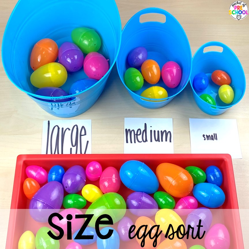 Sorting activity with eggs for a farm, Easter, or bird theme. Plus more Plastic Egg Activities, for the whole year, that are perfect for preschool, pre-k, or kindergarten students. 