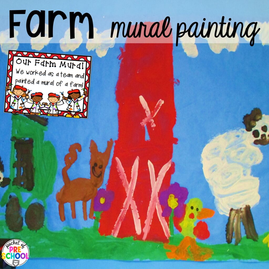 Farm mural painting plus more spring art activities to brighten your preschool, pre-k, and kindergarten rooms.