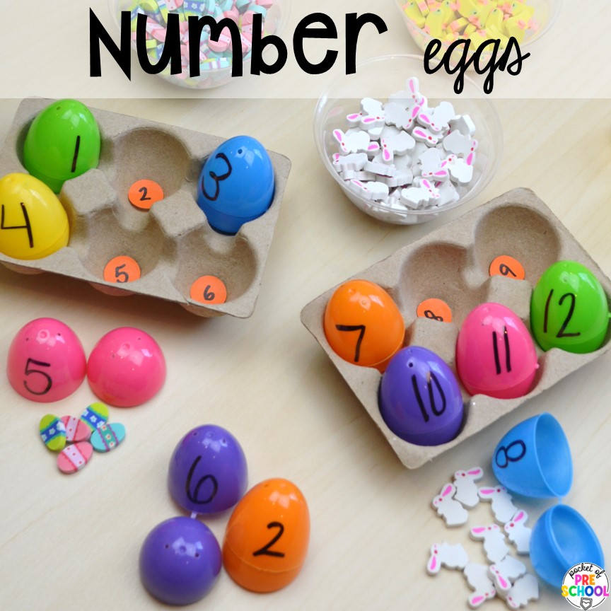 Egg count and hide with mini erasers. Plus more Plastic Egg Activities for preschool, pre-k, or kindergarten can be used year-round with tons of themes!