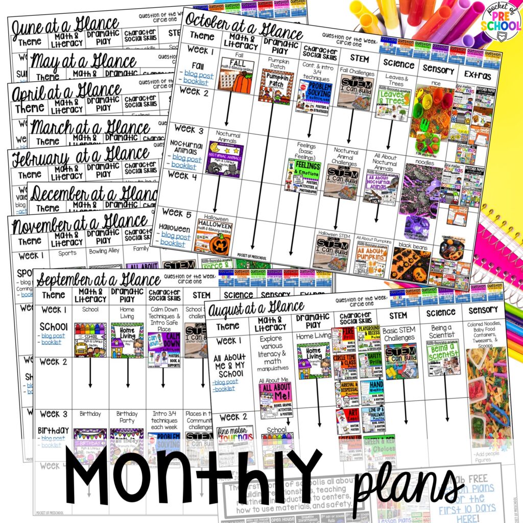 Monthly plans premade and customizable! Get the year long pacing guide & Pocket of Preschool curriculum support resource for preschool, pre-k, and kindergarten!