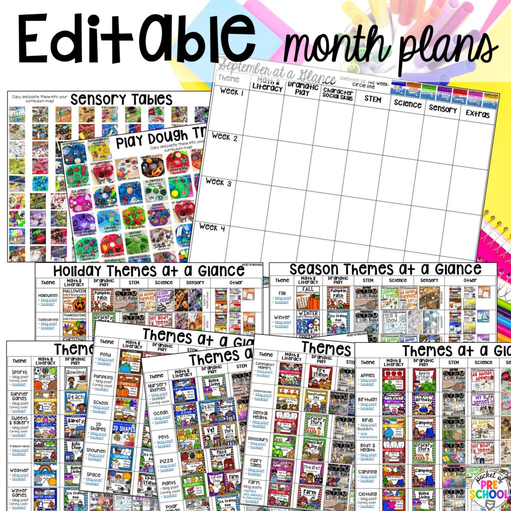 Editable month plans and premade ones too! Get the year long pacing guide & Pocket of Preschool curriculum support resource for preschool, pre-k, and kindergarten!