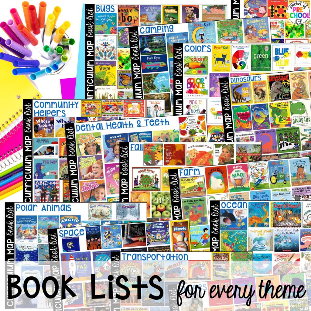 Book lists for every theme! Get the year long pacing guide & Pocket of Preschool curriculum support resource for preschool, pre-k, and kindergarten!