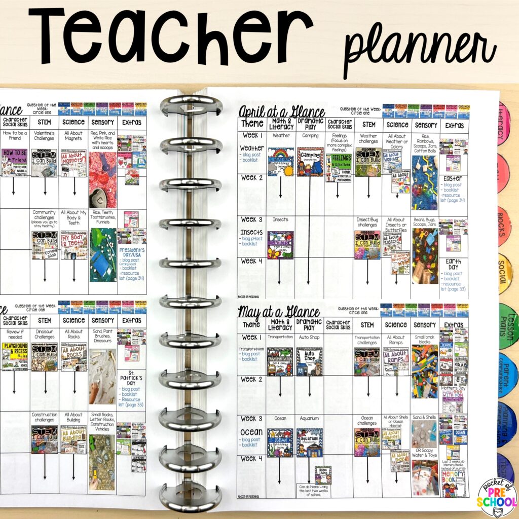 Teacher planner! Get the year long pacing guide & Pocket of Preschool curriculum support resource for preschool, pre-k, and kindergarten!