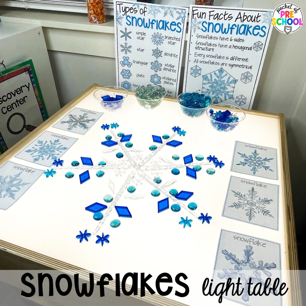 Snowflakes light table! Ideas for using your light table for STEM and science activities with your preschool, pre-k, and kindergarten students.