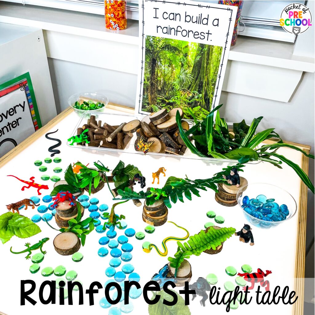 Rainforest light table! Ideas for using your light table for STEM and science activities with your preschool, pre-k, and kindergarten students.