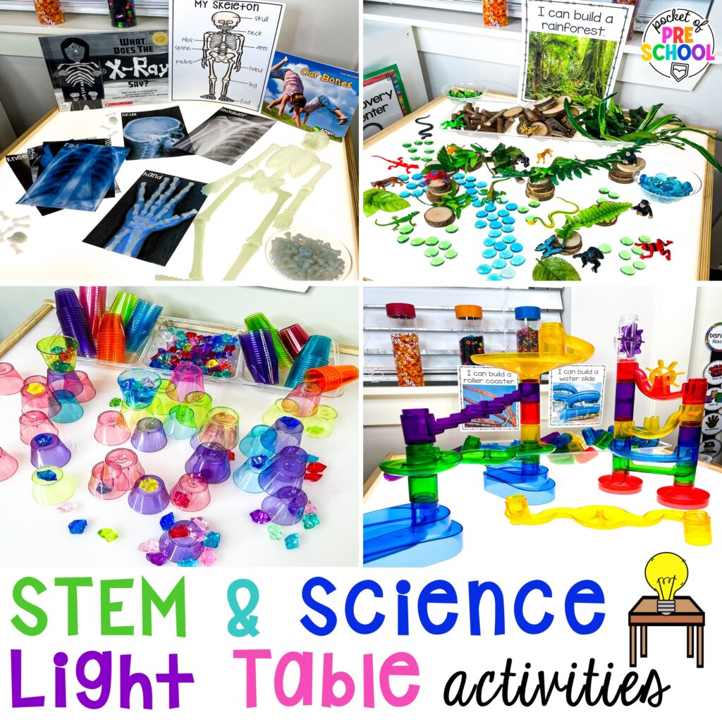 Ideas for using your light table for STEM and science activities with your preschool, pre-k, and kindergarten students.