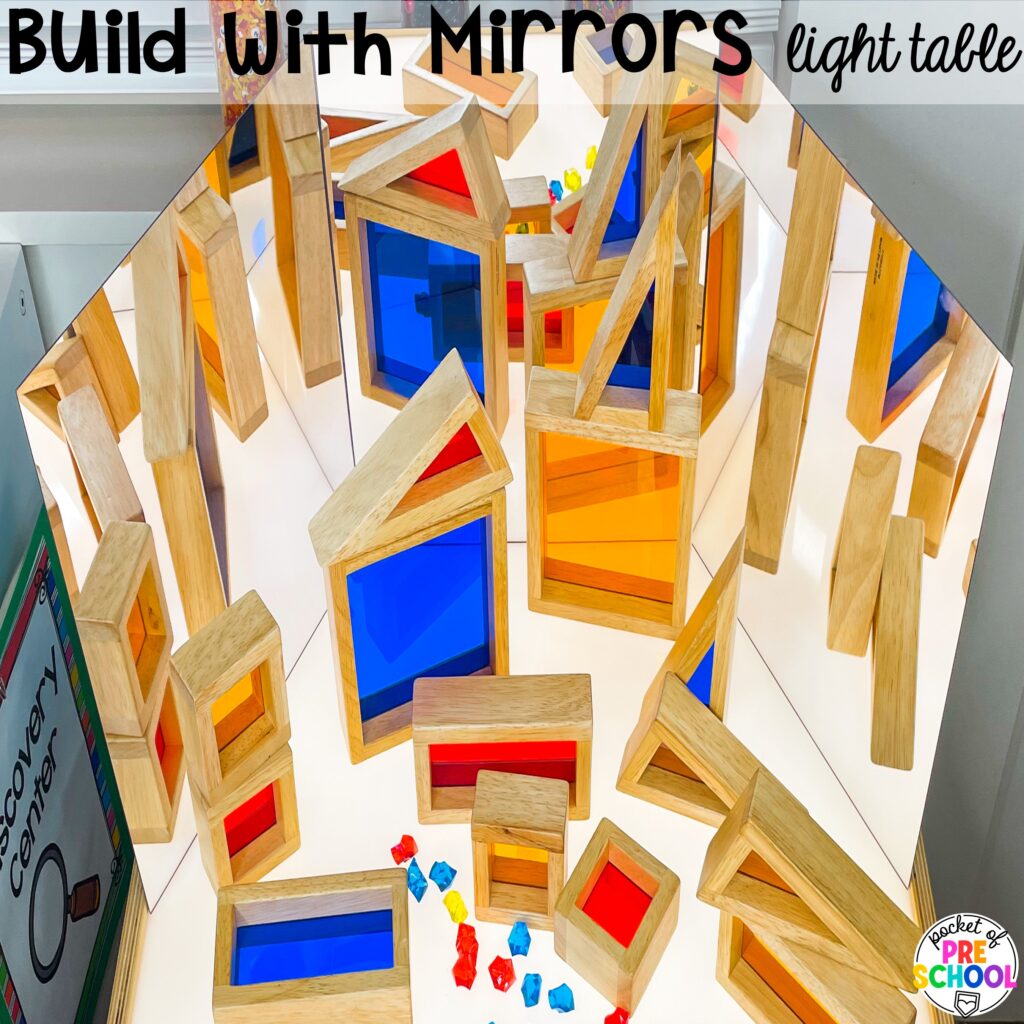 Build with mirrors! Ideas for using your light table for STEM and science activities with your preschool, pre-k, and kindergarten students.