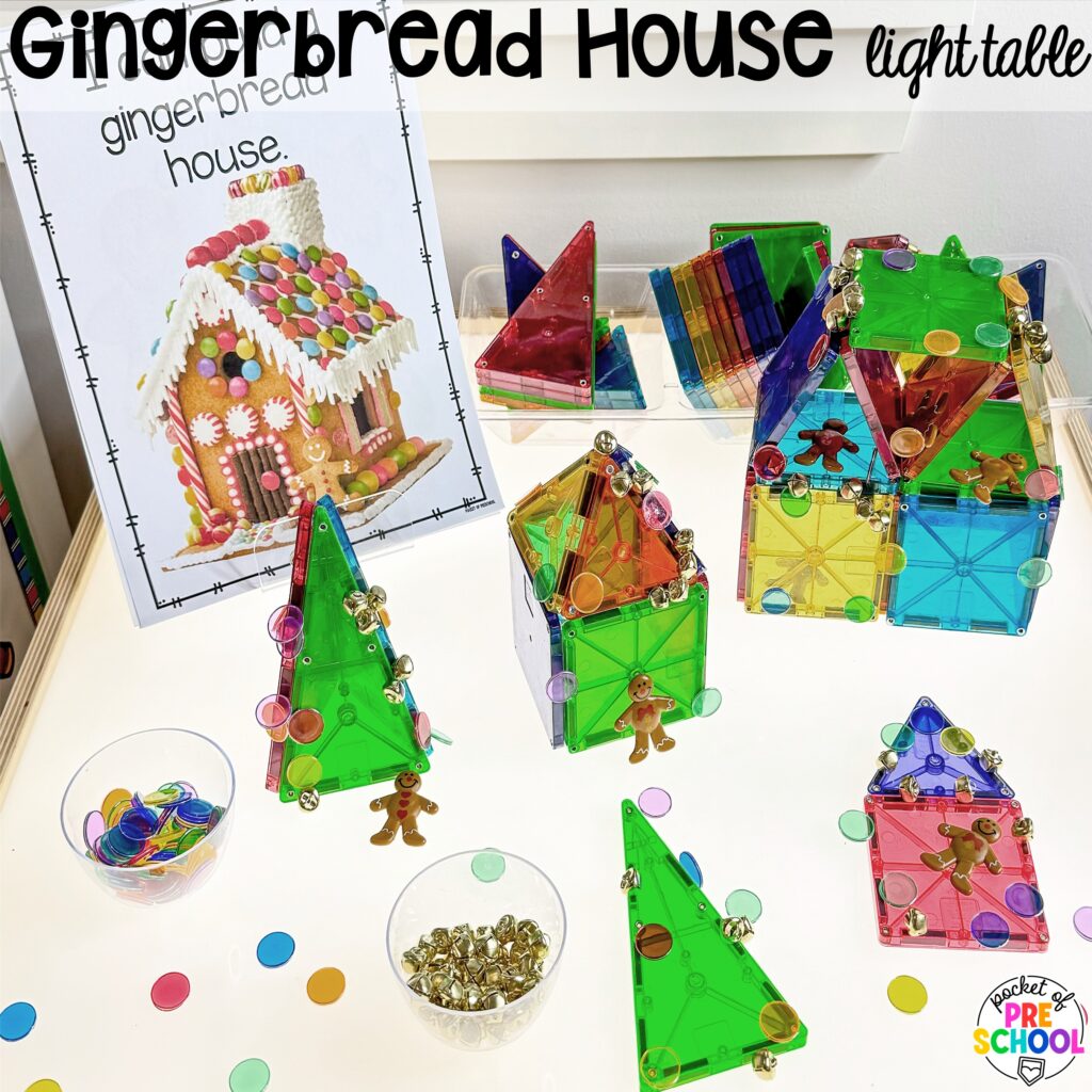 Gingerbread house light table! Ideas for using your light table for STEM and science activities with your preschool, pre-k, and kindergarten students.
