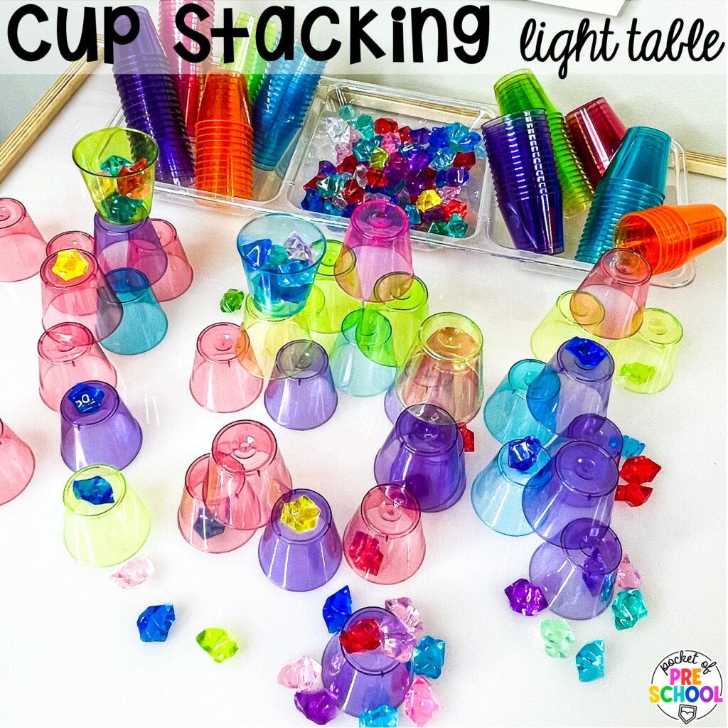Cup stacking light table! Ideas for using your light table for STEM and science activities with your preschool, pre-k, and kindergarten students.
