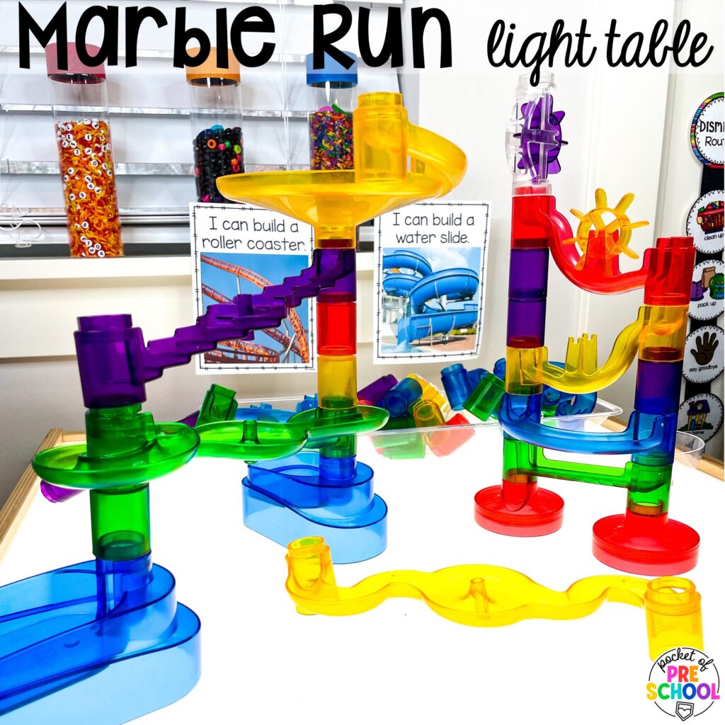 Marble run light table! Ideas for using your light table for STEM and science activities with your preschool, pre-k, and kindergarten students.
