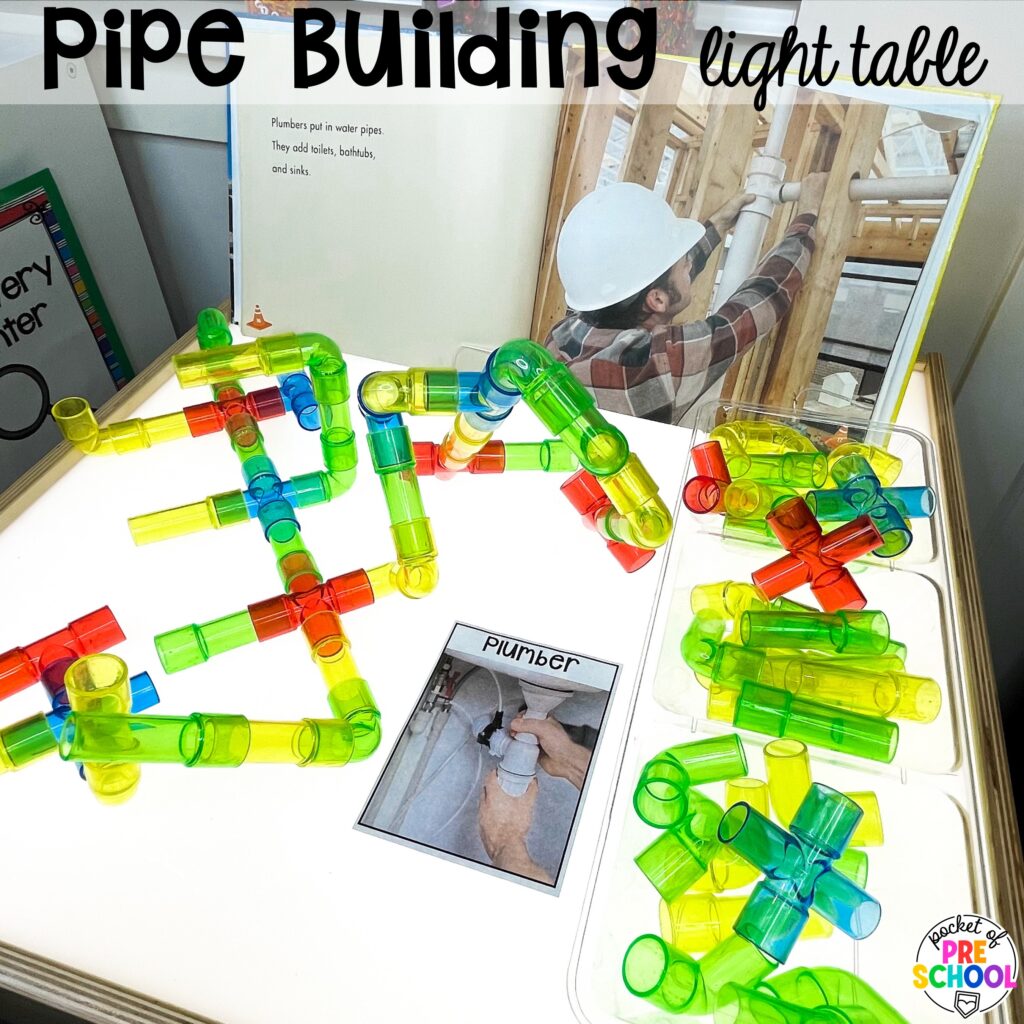 Pipe building light table! Ideas for using your light table for STEM and science activities with your preschool, pre-k, and kindergarten students.