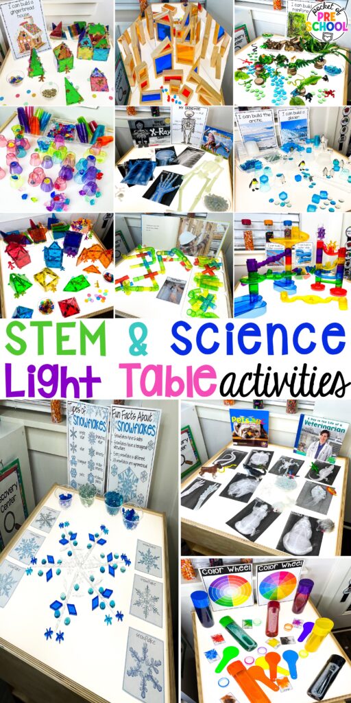 STEM & science light table activities for preschool, pre-k, and kindergarten students to explore and learn on. 