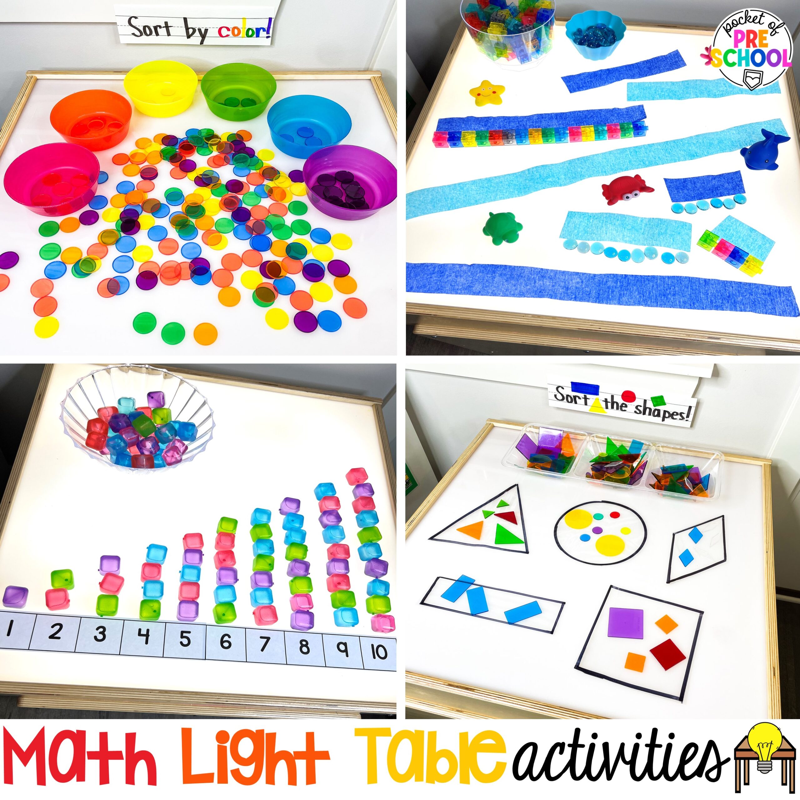Math light table activities designed for preschool, pre-k, and kindergarten classrooms. Ideas for colors, shapes, counting, measurement, and more!
