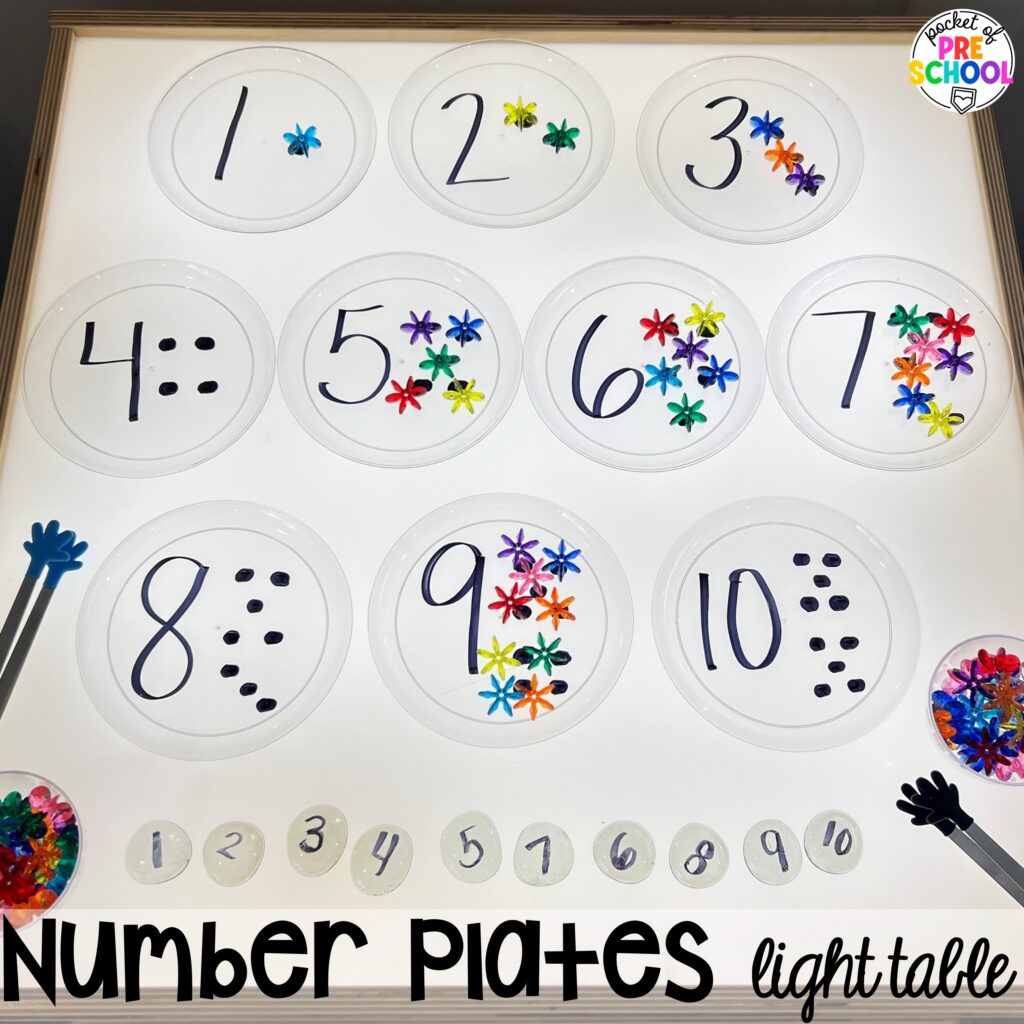 Number plates light table! Math light table activities designed for preschool, pre-k, and kindergarten classrooms. Ideas for colors, shapes, counting, measurement, and more!