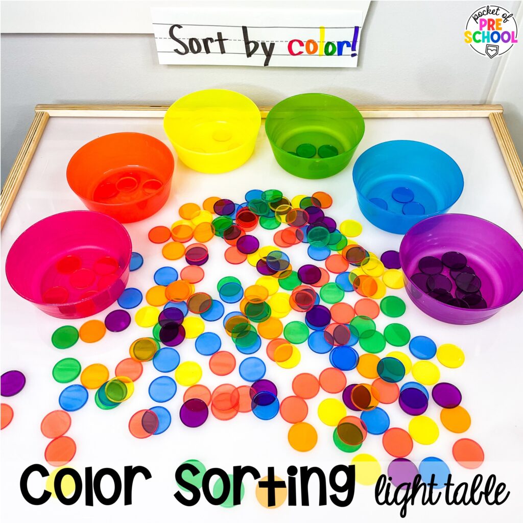 Color sorting light table! Math light table activities designed for preschool, pre-k, and kindergarten classrooms. Ideas for colors, shapes, counting, measurement, and more!