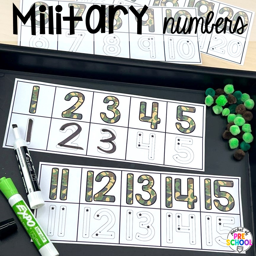 Military numbers! USA activities and centers for preschool, pre-k, and kindergarten students. These are perfect for President's Day, 4th of July, election time, or Veteran's Day.