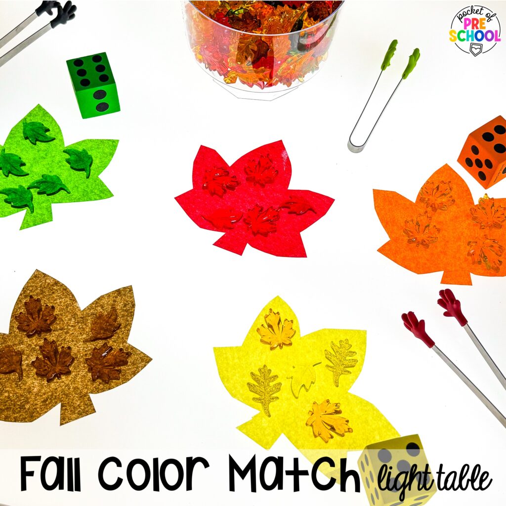 Fall color matching light table! Math light table activities designed for preschool, pre-k, and kindergarten classrooms. Ideas for colors, shapes, counting, measurement, and more!