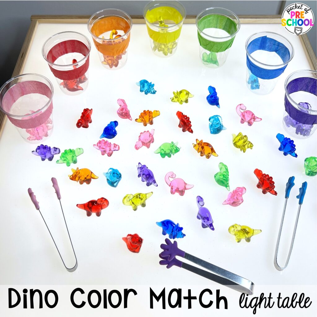 Dino color matching light table! Math light table activities designed for preschool, pre-k, and kindergarten classrooms. Ideas for colors, shapes, counting, measurement, and more!