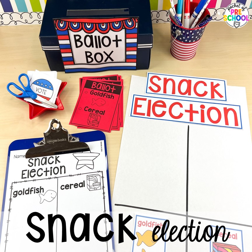 Snack election! USA activities and centers for preschool, pre-k, and kindergarten students. These are perfect for President's Day, 4th of July, election time, or Veteran's Day.