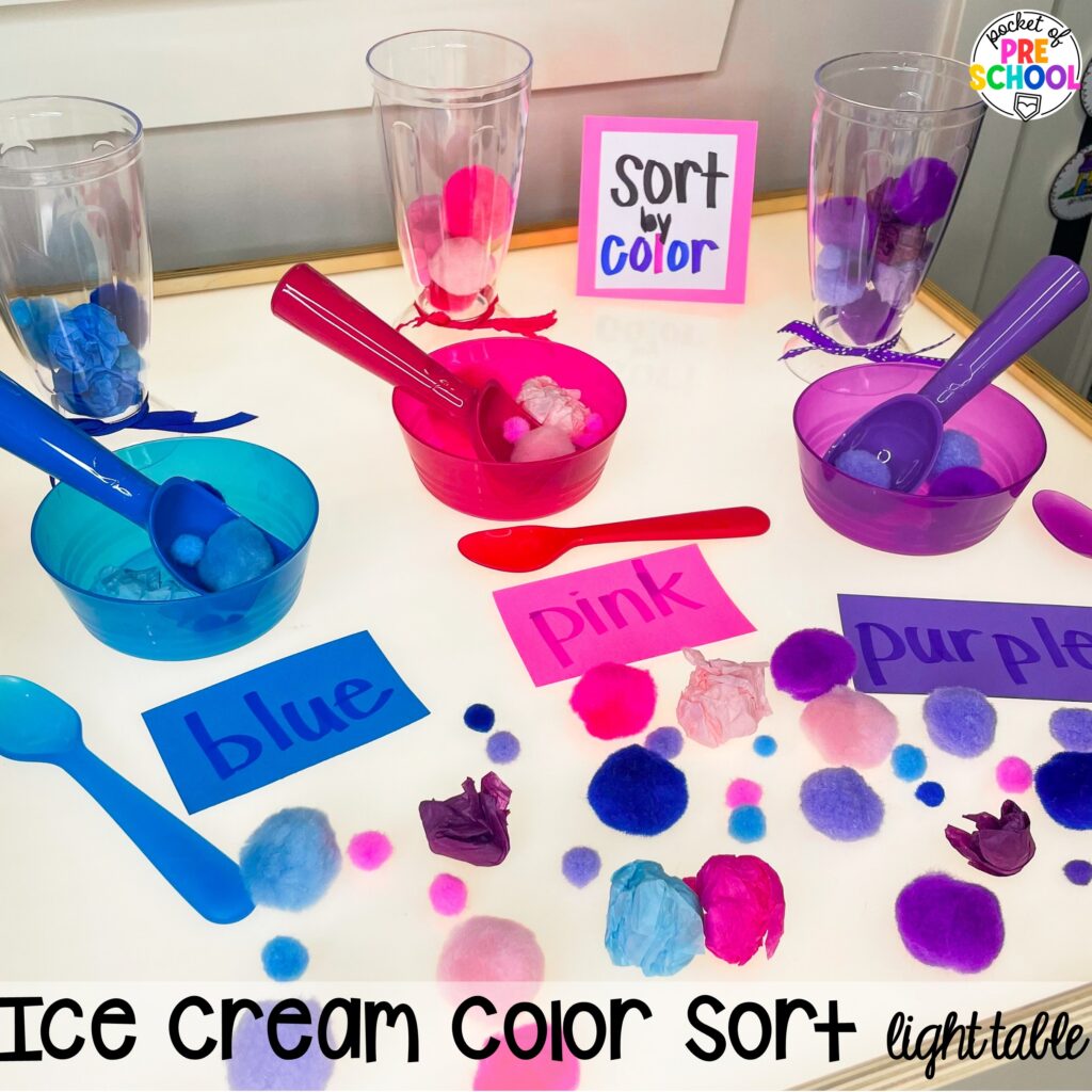 Ice cream color sorting light table! Math light table activities designed for preschool, pre-k, and kindergarten classrooms. Ideas for colors, shapes, counting, measurement, and more!