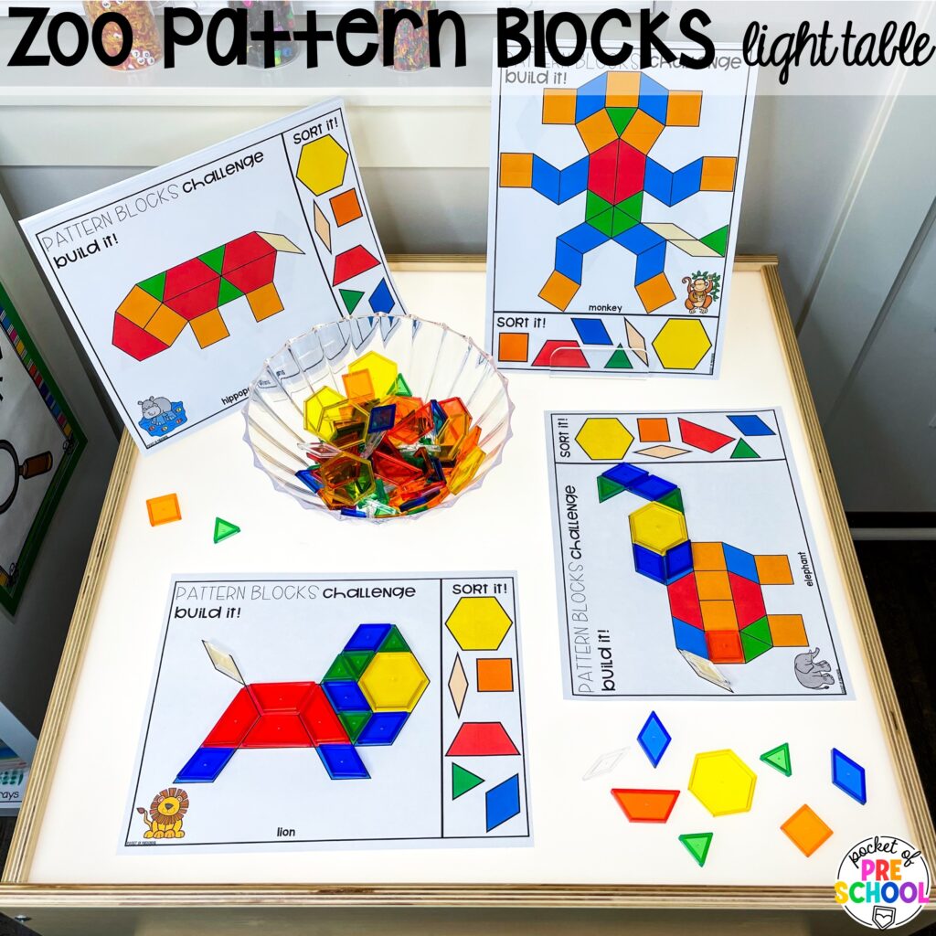 Zoo pattern blocks light table! Math light table activities designed for preschool, pre-k, and kindergarten classrooms. Ideas for colors, shapes, counting, measurement, and more!