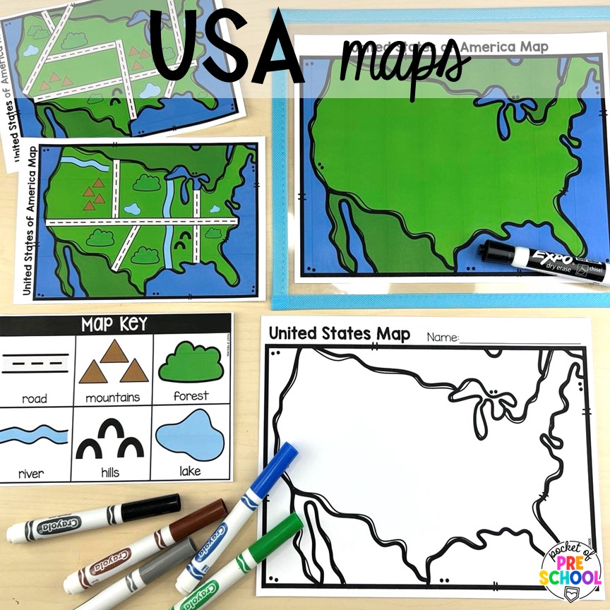 USA maps! USA activities and centers for preschool, pre-k, and kindergarten students. These are perfect for President's Day, 4th of July, election time, or Veteran's Day.